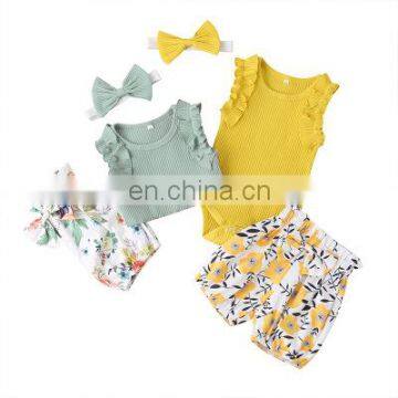 2020 New Baby Girls 3 Pcs Set Rompers  + Flowers Short Cotton Fashion Baby Clothes Suits