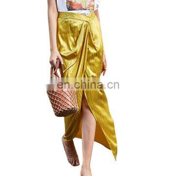 TWOTWINSTYLE Skirt For Women High Waist Ruched Split Asymmetric Hem Loose Yellow Elegant Striped