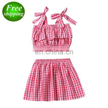 2019 summer girls plaid Halter T-shirt Tops & kids Belt Skirts Plaid Bow Summer clothing set