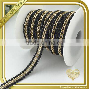 Fancy shoes boots decoration black hotfix rhinestone chains belt with gold metal chain FHRS-032