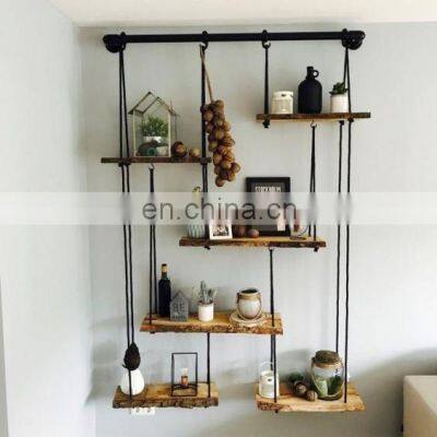 Boho Decor Wall Hanging 3 Tier Rope Wooden Floating wall hanging Shelf