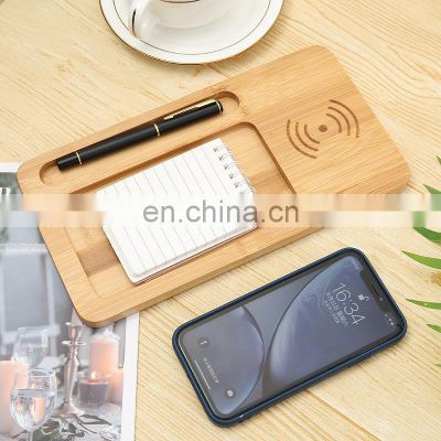 Custom desktop wooden bamboo 3 in 1 wireless mobile phone charger stand holder station pen slot set office organizer