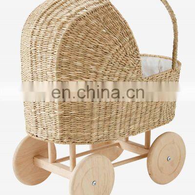 High Quality Rustic Seagrass Pram Basket Doll Stroller Trolley For Kids Wicker Shopping Basket Wholesale Supplier