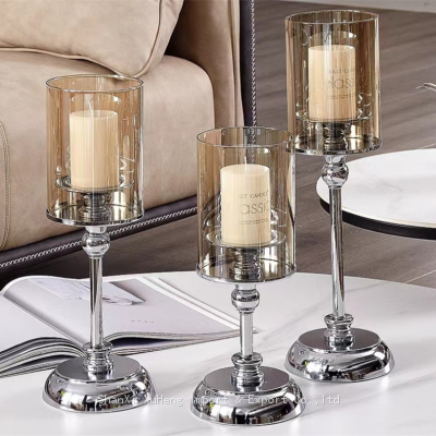 Home Decorative Pillar Tall Gold Wedding Table Centerpieces Crystal Candle Holders With Silver Stand