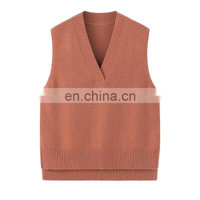 Custom Ladies Girls V-Neck Pullover Outwear Knitted Woolen Sweater Vest with Embroidered Logo Casual Style Sleeveless Design