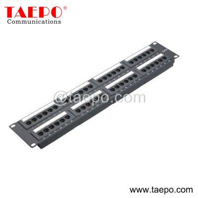 19 inch 2U 48 port CAT5E CAT6 RJ45 UTP network patch panel with 2 cable management