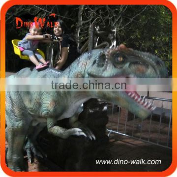 Amusement park outdoor kid riding dinosaur, realistic robot riding dinosaur