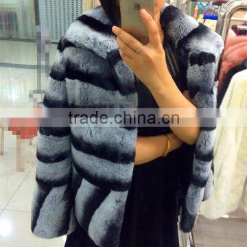 Luxurious Real Chinchilla Rex Rabbit Fur Coat for Sexy Women