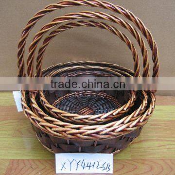 cheap brown 3 pcs round willow wicker baskets for flower with handle