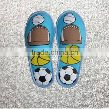 Knitted fabric kids cartoon slippers with colorful football printing