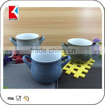 hot sale creative shape OEM logo printed stoneware bowl ceramic soup bowl with handle