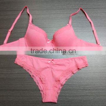 Hot Sale Stylish Sexy Fancy Pink Bra Bikini Set with Lace Binding Padded T-shirt Bra Panty