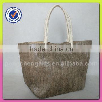 women newest fashion brown color jute and cotton material shoulder tote bag style cotton handle