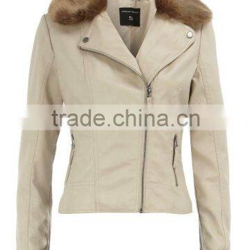 Neutral PU fur collar jacket for women