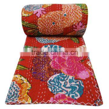 COTTON BEDSPREAD BLANKET THROW COVERLET FLOWER PRINTED RED COLOR KANTHA QUILT