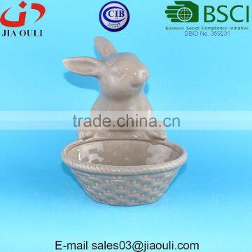 BSCI Audit Factory Popular Easter Decorations Ceramic Bunny With Basket , Lovely Rabbit Figurines photo-2