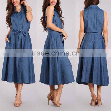 Midi Denim Shirt Dress 100% cotton Denim Tie-Waist Sleeveless Pockets Buttoned Denim Dress Women