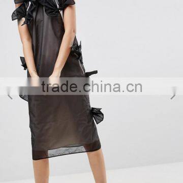 Summer Dress For Women Black Lightweight Organza Contrast Lining Crew Neck Bow Detail Midi Organza Dress photo-4
