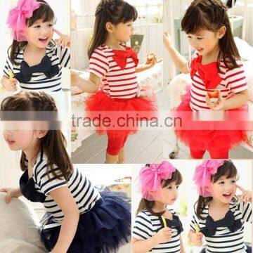 S80003T Summer Fashion Striped Bowknot T-shirts+ Lace Culottes , Children Clothing Sets 2-5 Years Kids Clothing Sets photo-3
