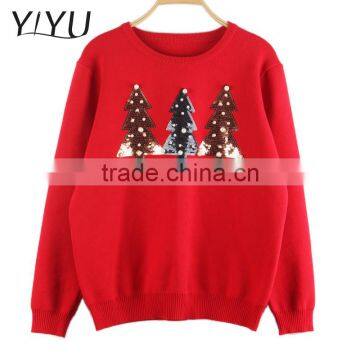 Women red sequins Sweater Christmas Trees Pattern ugly Christmas Jumper sweater