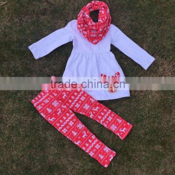 Christmas design baby kids wear Xmas Girl kids clothing reindeer print clothes white top reindeer pant scarf girls set