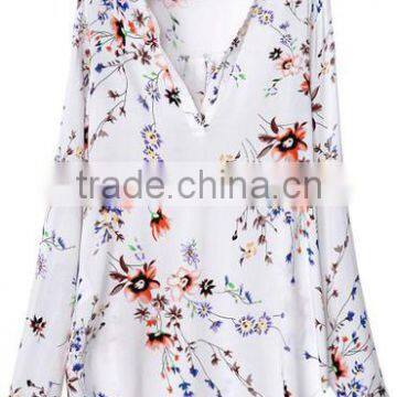 White V Neck Long Sleeve Floral Blouse