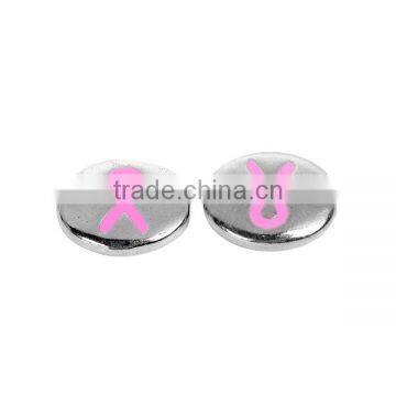Zinc Based Alloy Spacer Beads Flat Round Silver Tone Pink Ribbon Enamel