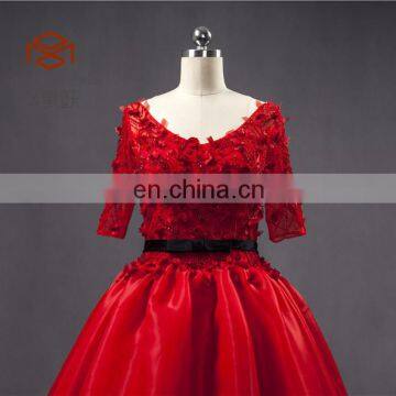 Supplier In China Shiney Short Sleeve Ball Gown Organza Handmade Flower Beaded Red Prom Dress