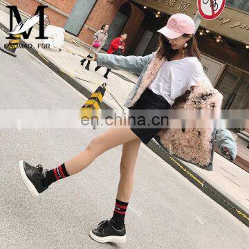 Fashion Wholesale Real Fur Lining Denim Jacket Women Lamb Fur Coat photo-5