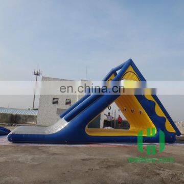 HI customized 0.9mm PVC big cheap lake inflatable water slides for sale float on water