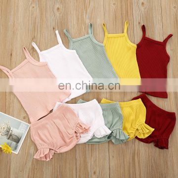 A0195# Baby Girl Sets Summer Strap Sleeveless Top Solid Color Shorts Hair Band