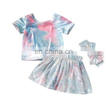 2020 summer new girl's Korean style Western style color short-sleeved T-shirt snakeskin pattern short skirt hair band three-piec