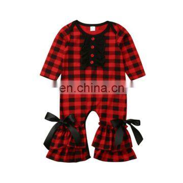 Christmas Baby Girl Romper Newborn Ruffle Black Red Plaids Jumpsuit with Bowknot for 0-2T