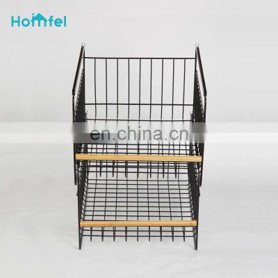 Multifunctional Black Stacking Wire Basket Lightweight Metal Organizer Rack Storage Basket Wood photo-4