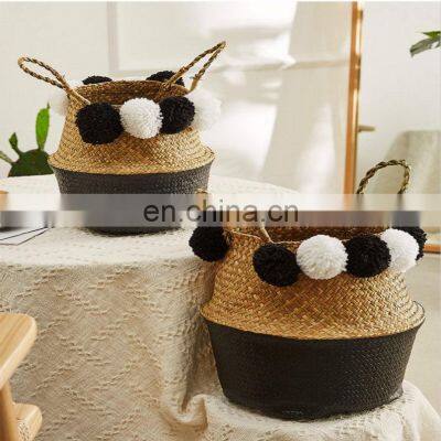 Dipped Black Seagrass Belly Basket With Pompom Plant Holder Storage Basket Decor Home High Quality