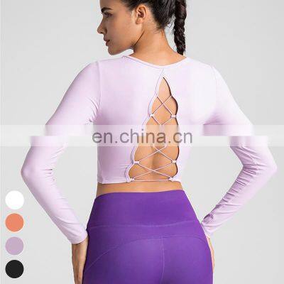 Shockproof Running Clothing Long Sleeve Cross Back Hollow Out Sports Tops Gym Fitness Tshirt Yoga Crop Top For Women With Padded photo-3