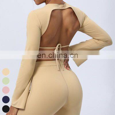 Quick Dry Crop Top Sexy Backless Straps Flare Cuffs Sports T Shirt Gym Fitness Tops Yoga Crop Top For Women With Removable Pad photo-3