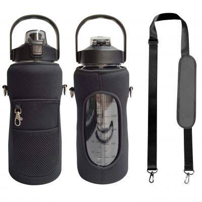 Custom Neoprene Half Gallon Water Bottle Sleeve Carrier with Strap BPA Free 64 OZ with Straw & Time Marker