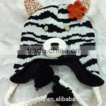 Cute and warm children's knitted cat animal winter hat with braids