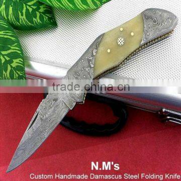 udk f215" custom handmade Damascus folding knife / pocket knife with Damascus steel bolster and Camel bone handle