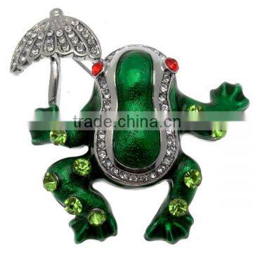 Custom-made Green Enamel & Crystal Frog Brooch with Umbrella- Silver Tone