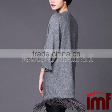 Lady Fashion Mongolian Cashmere Poncho Sweater with Fringe