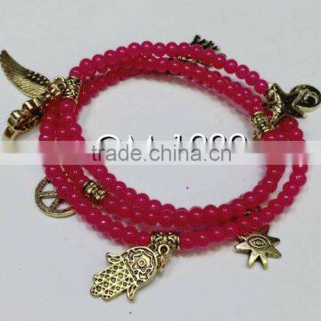 Red small beaded jade bracelet 3 wrap bracelets with gold charms