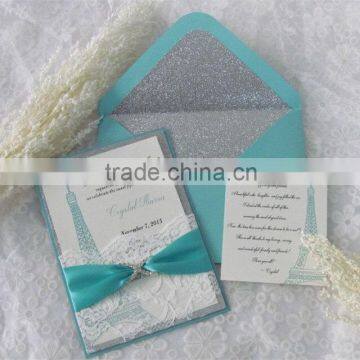 2016 hot sale customized glitter fold paper wedding invitation cards with blue ribbons