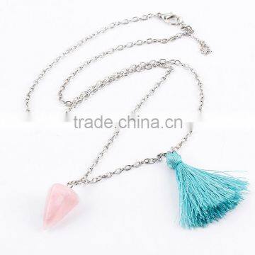 Hot sale simple jewellery pink natural stone pendant tassel charm necklace