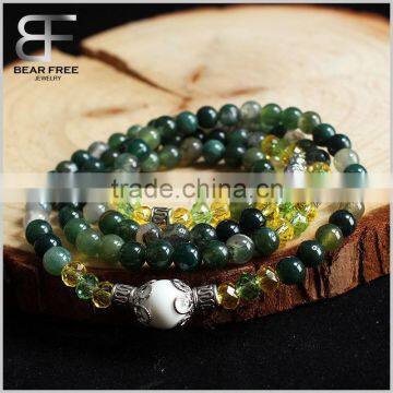 Natural Semi-precious Gemstone Buddha Buddhist Moss Agate Prayer Mala 108 Beads Bless Bracelet Necklace