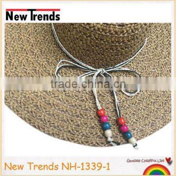 Brown combo wide brim straw hat with colorful wooden beads ribbon