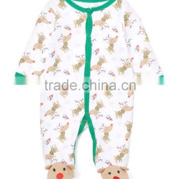 2016 Green White Cotton Infant Reindeer Footie Cute Animal Pattern Baby Romper Casual Children Clothes G-NPRR90628-2