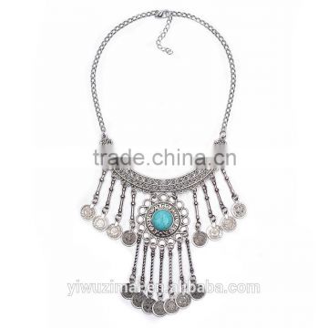 New Bohemian Luxury Retro Coin Tassel Exaggerated Turquoise Big Pendant Necklace