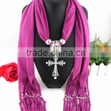 custom latest design fashion new women lady rhinestone cross pendant necklace scarf